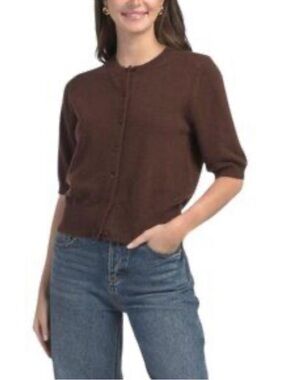 White + Warren Cashmere Brown Short-Sleeve Button Cardigan Sweater size XS
